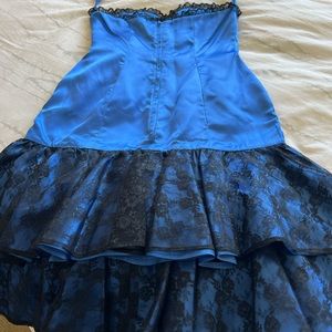 80's Cocktail dress, size S, blue with black lace, strapless